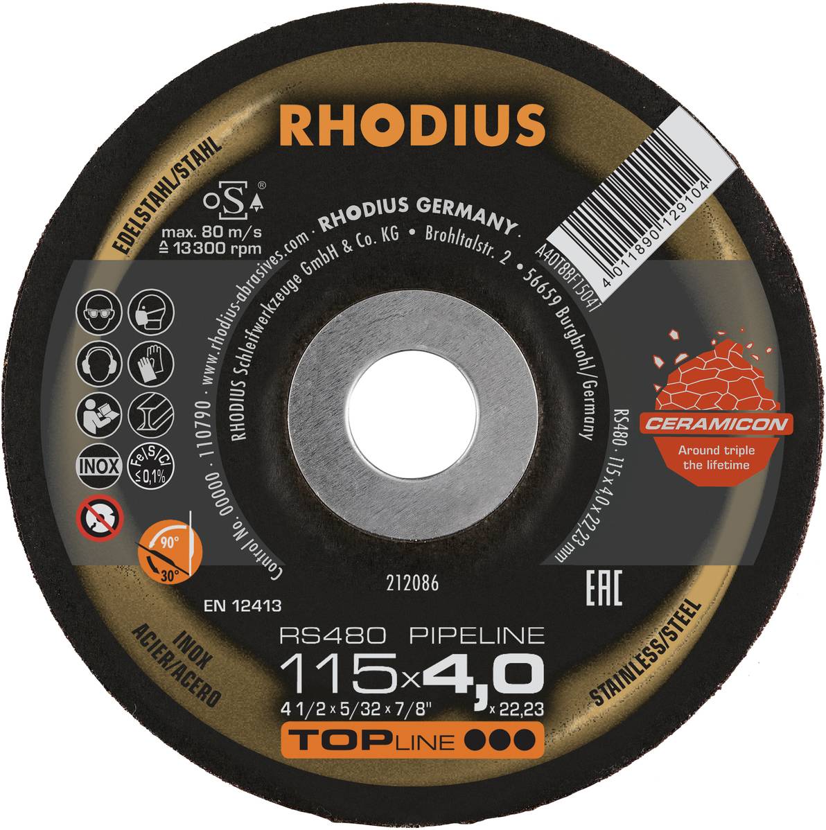 Eine schwarze Schleifscheibe mit orangener Aufschrift 'RHODIUS'; geeignet für Edelstahl, mit Maßen 115 x 4,0 mm, maximal 80 m/s.