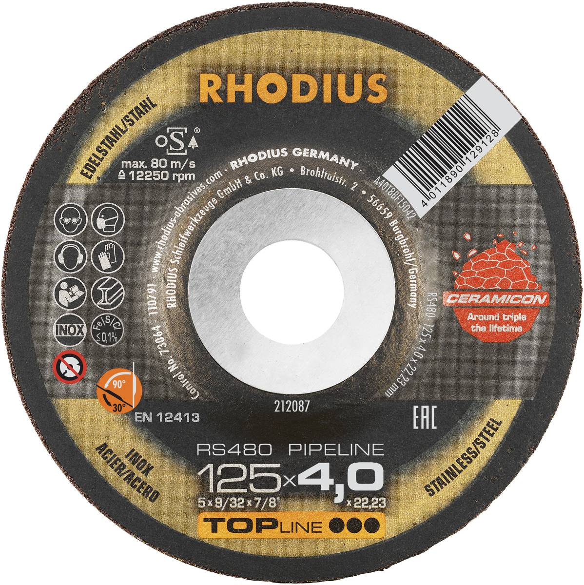 Eine Schleifscheibe mit der Aufschrift 'RHODIUS', 125 mm Durchmesser. Geeignet für Edelstahl, maximal 80 m/s und 12.250 U/min.