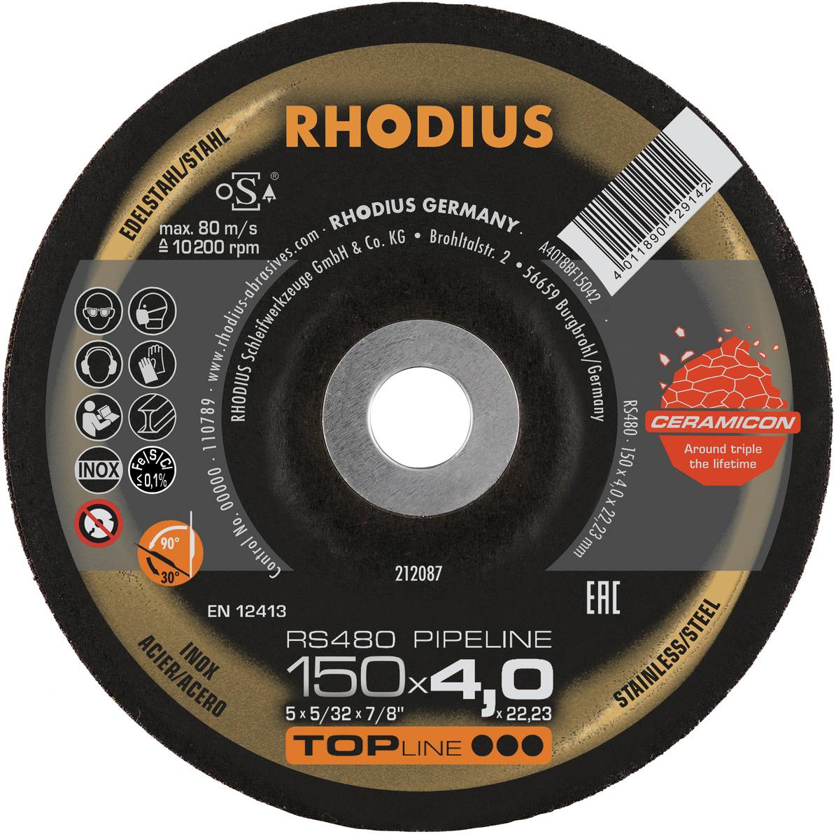 Rhodius 212085 RS480 PIPELINE Schruppscheibe Edelstahl, Stahl 10St.