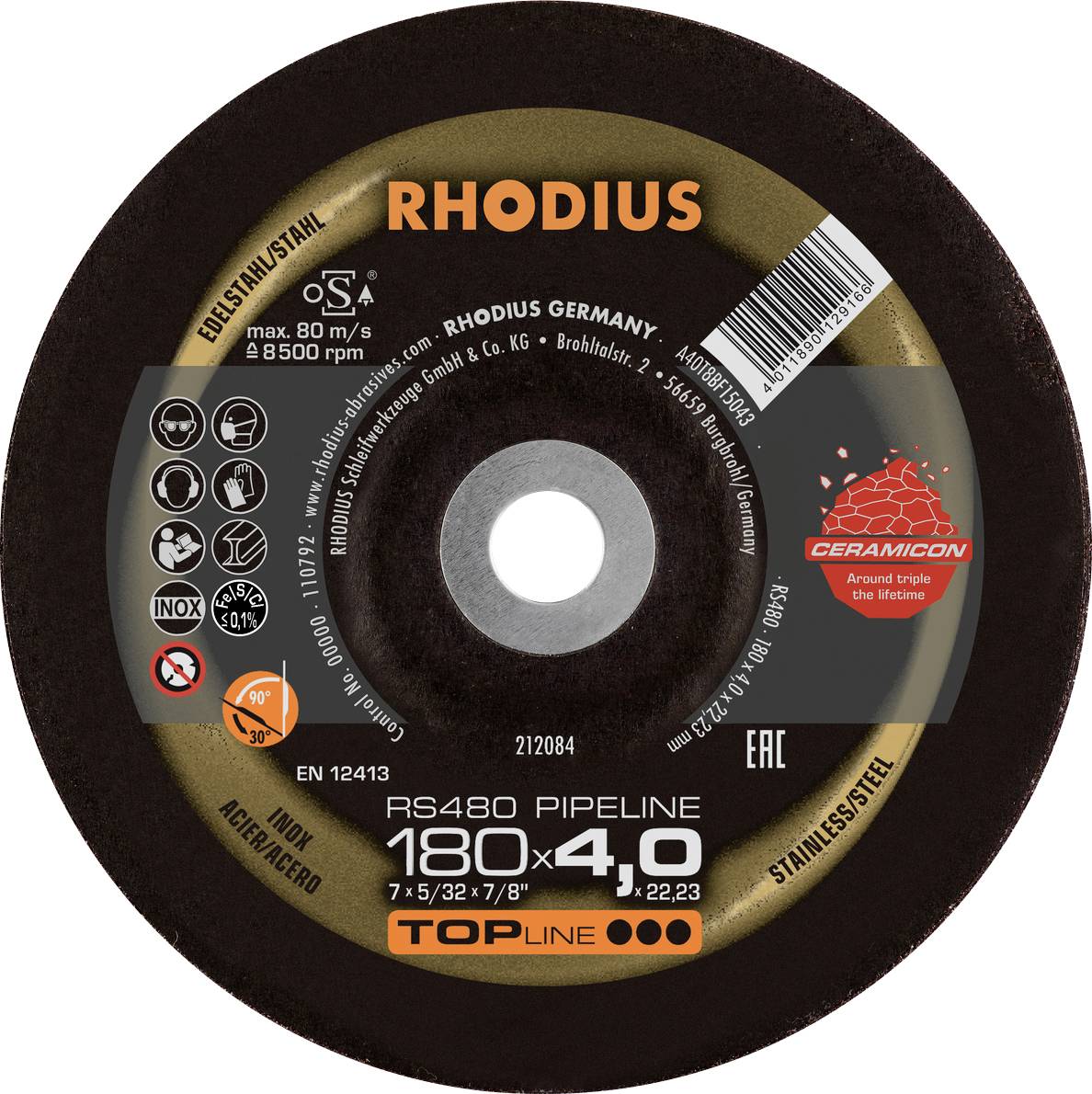 Schleifscheibe von Rhodius, RS480 Pipeline, 180mm x 4.0mm, geeignet für Edelstahl. Max. 80 m/s, 8500 U/min.