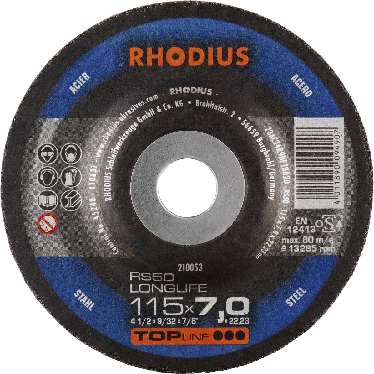 Schleifscheibe von Rhodius, Durchmesser 115x7,0 mm, geeignet für Stahlbearbeitung, robuste Bauweise, für langlebige Nutzung.