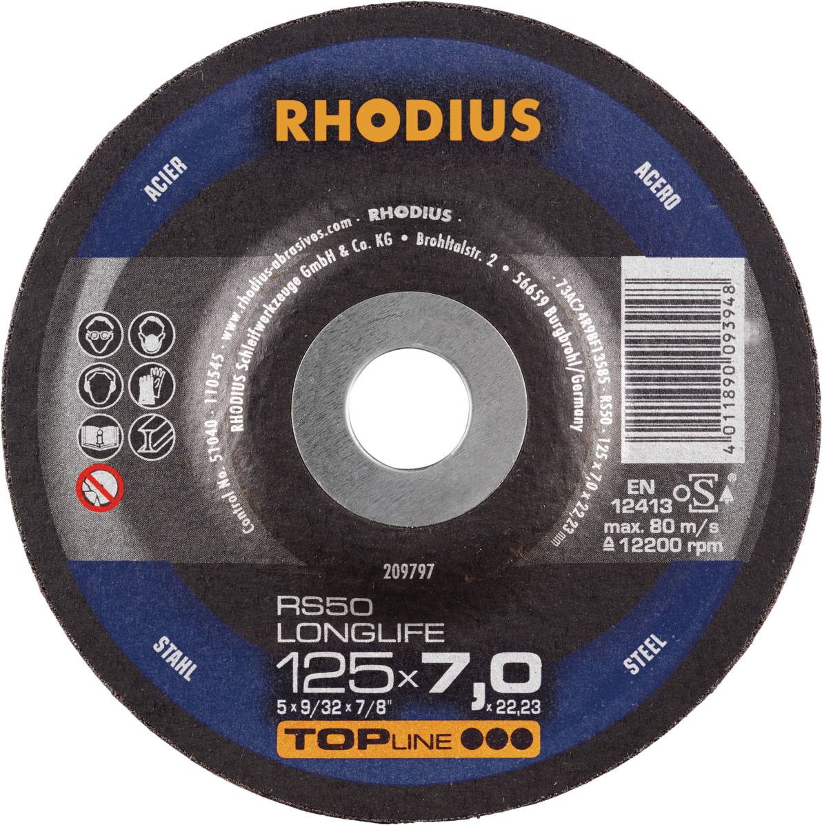 Abbildung einer Schleifscheibe mit der Aufschrift 'RHODIUS', geeignet für Stahlbearbeitung. Durchmesser 125 mm, Dicke 7 mm.