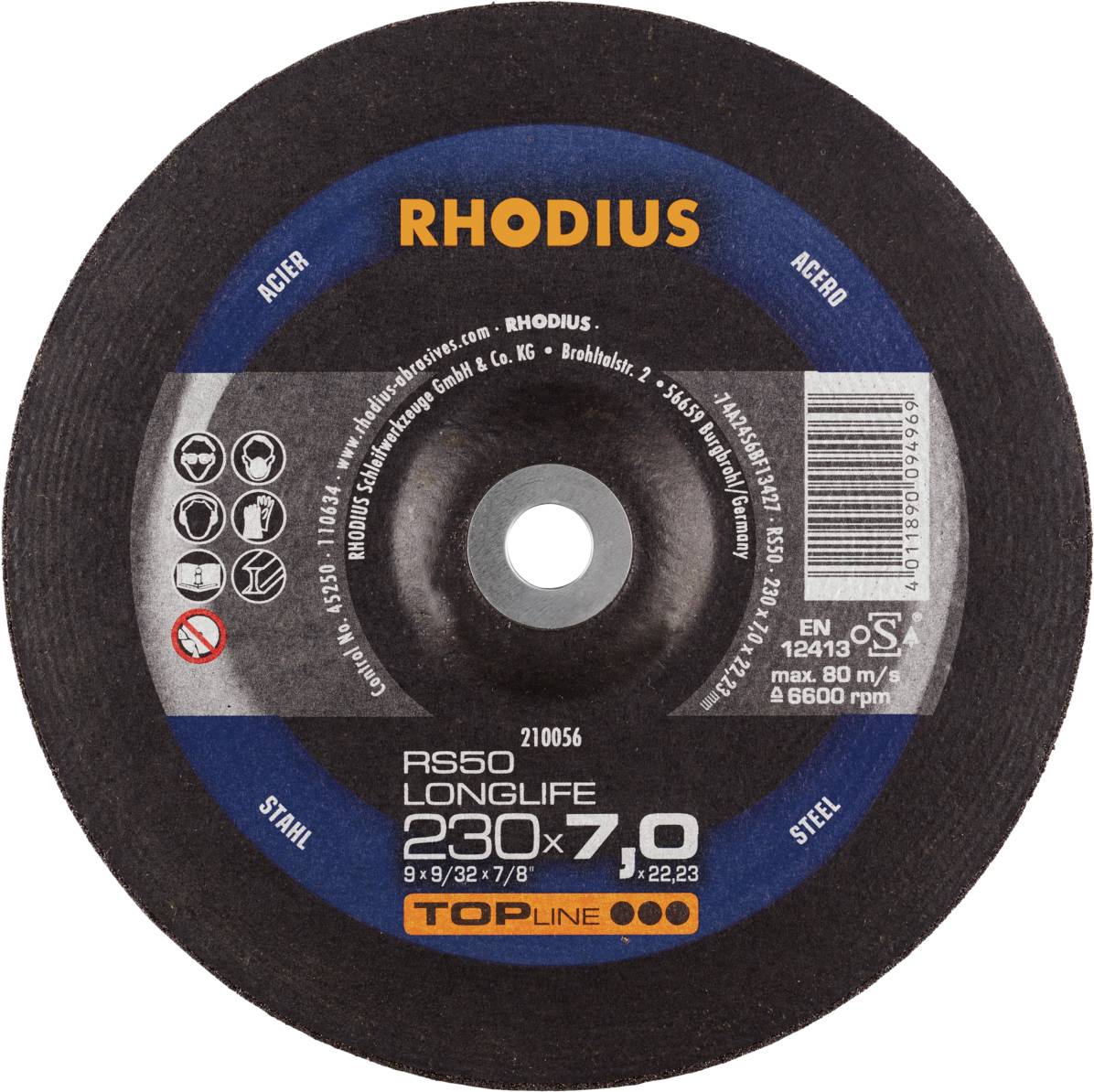 Schleifscheibe mit der Aufschrift: RHODIUS, RS50 LONGLIFE 230 x 7,0, geeignet für Stahlbearbeitung, max. 80 m/s, 6600 U/min.