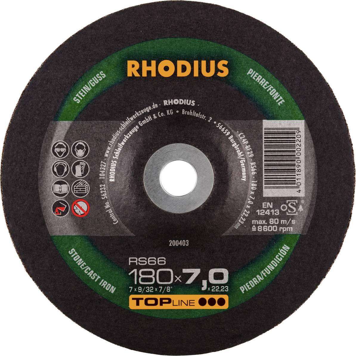Schleifscheibe der Marke Rhodius, 180x7,0mm, zum Schneiden von Stein und Eisen. Maximale Umdrehungsgeschwindigkeit: 8500 U/min.