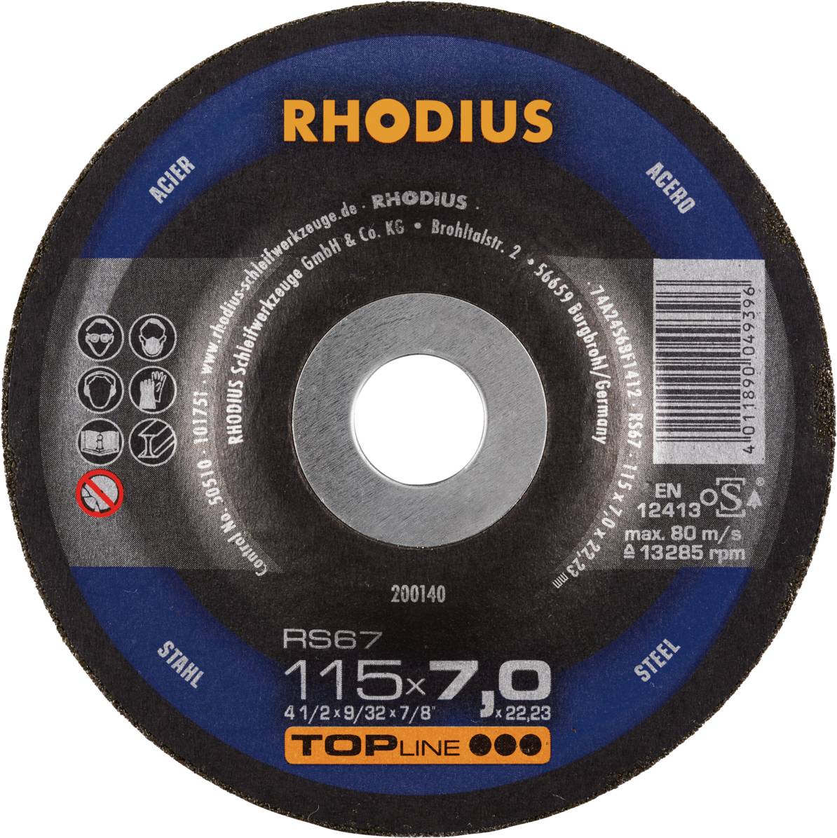 Schleifscheibe der Marke RHODIUS, Modell RS67, 115x7,0 mm, geeignet für Stahl und Edelstahl. Maximale Umdrehungen: 13.285 pro Minute.