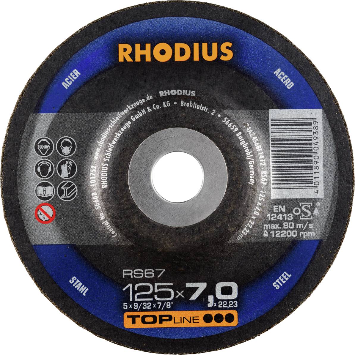 Schleifscheibe 'RHODIUS RS67', Durchmesser 125 mm, maximale Drehzahl 12.200 U/min, geeignet für Stahl, EN 12413 zertifiziert.