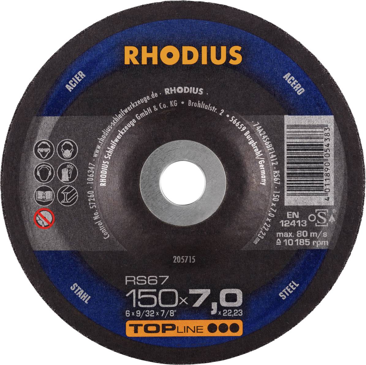 Schleifscheibe 'RHODIUS' für Stahl, Durchmesser 150 mm, Dicke 7 mm, maximale Geschwindigkeit 80 m/s, Produktcode RS67.
