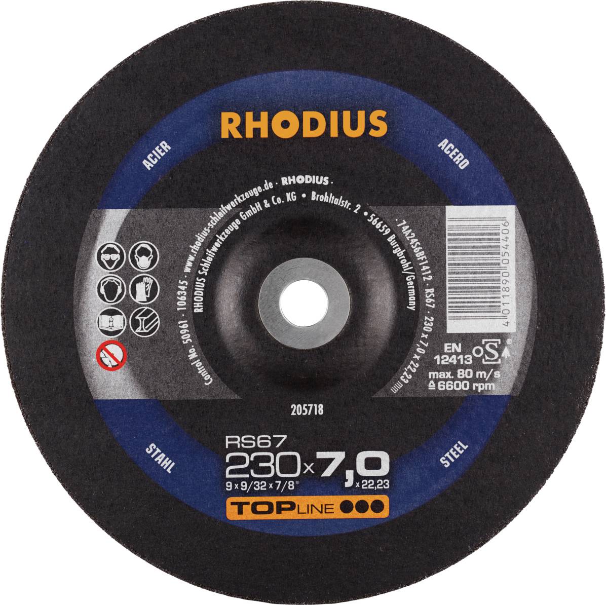 Schleifscheibe der Marke Rhodius für Stahl, Modell RS67, 230 mm x 7,0 mm, maximal 80 m/s und 6600 U/min, mit Sicherheitssymbolen.