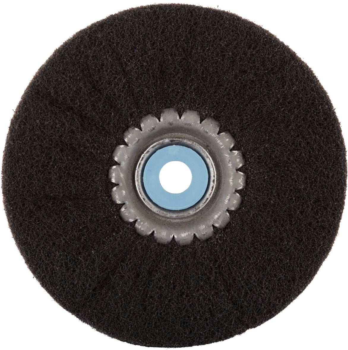 Schwarze Schleifscheibe mit silbernem Zahnradmuster und blauem Zentrum in der Mitte, vor weißem Hintergrund.