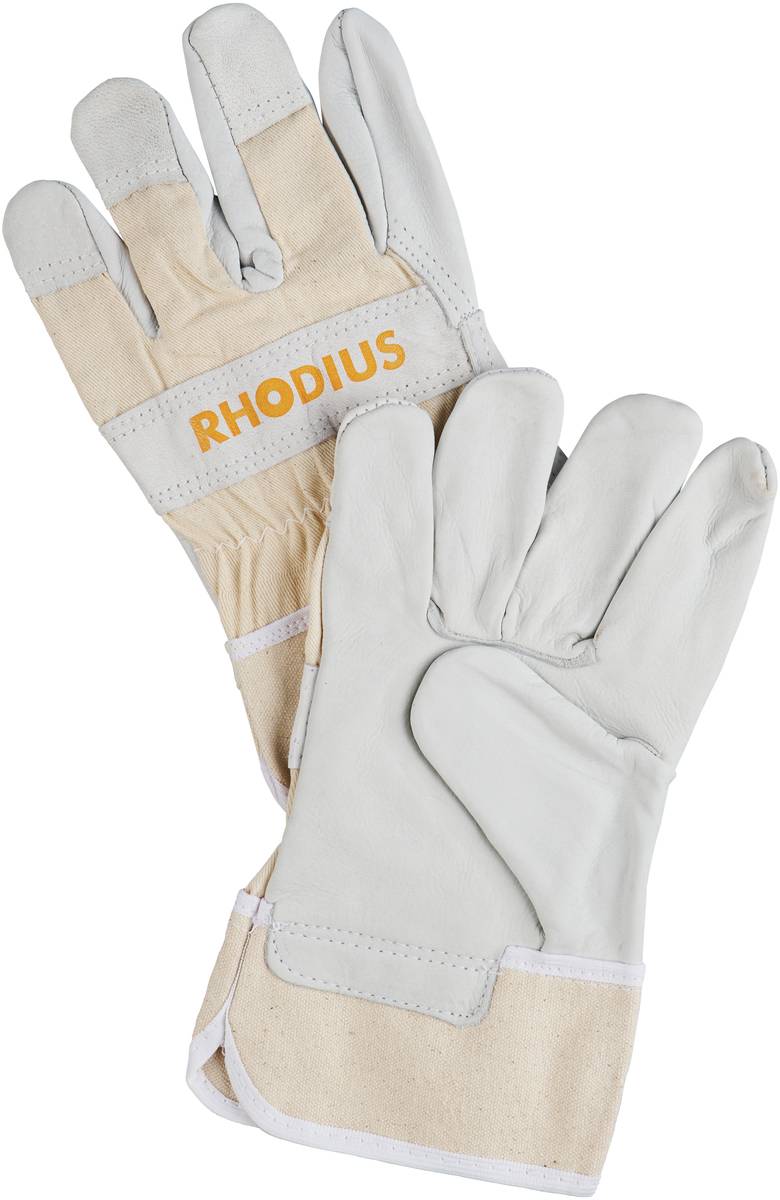 Arbeitshandschuhe aus Leder und Stoff mit der Aufschrift 'Rhodius' auf dem Handrücken des rechten Handschuhs.