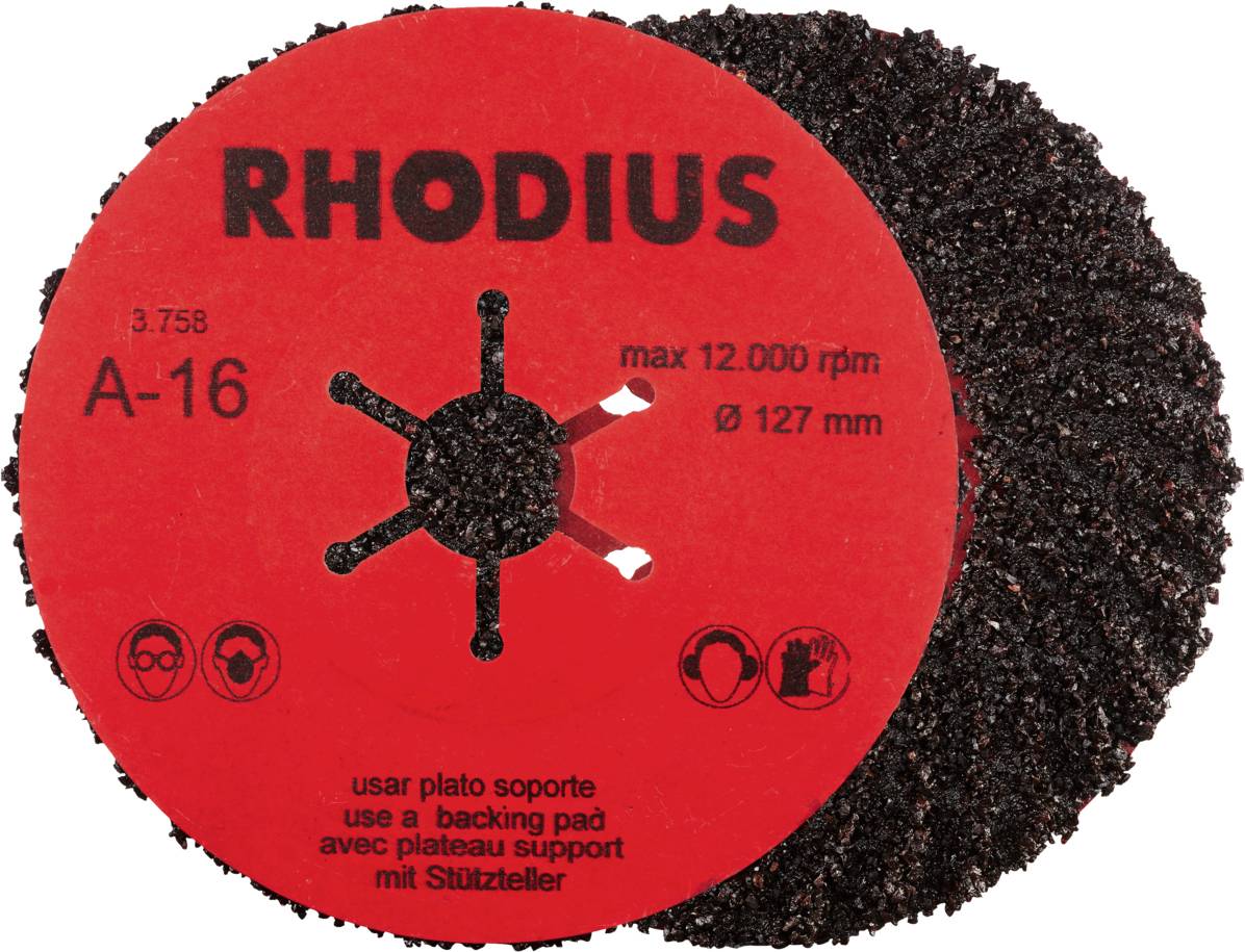 Schleifscheibe mit der Aufschrift 'RHODIUS', maximal 12.000 U/min, Durchmesser 127 mm. Sicherheits- und Unterstützungsinfo vorhanden.