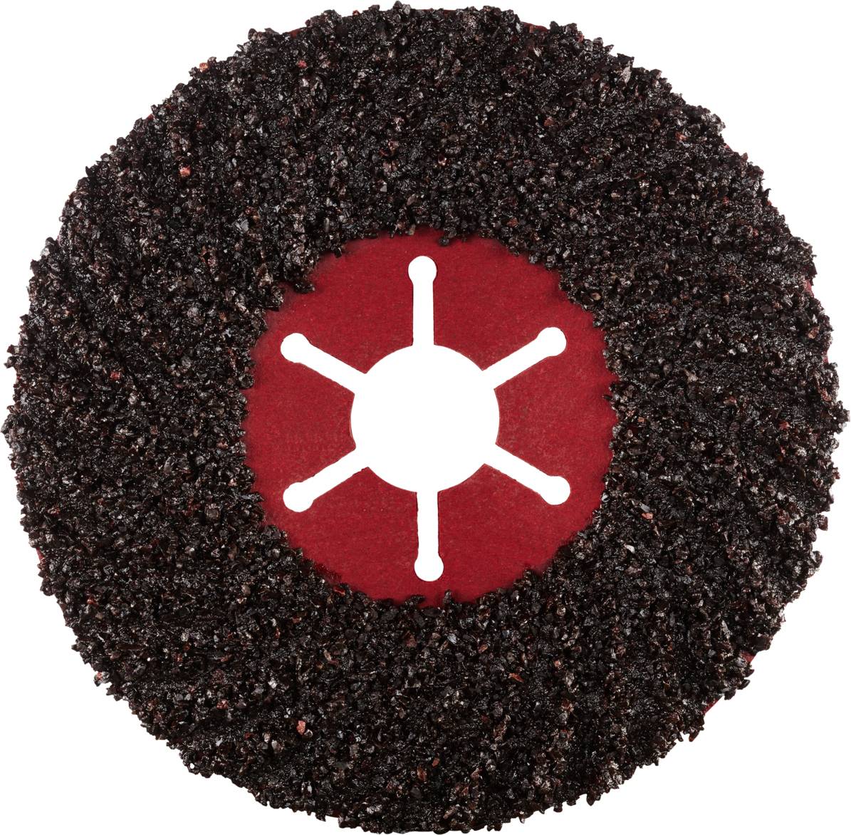 Eine schwarze, ringförmige Schleifscheibe mit grober Körnung, in deren Mitte ein roter Bereich mit weißem, sternförmigem Symbol sichtbar ist.