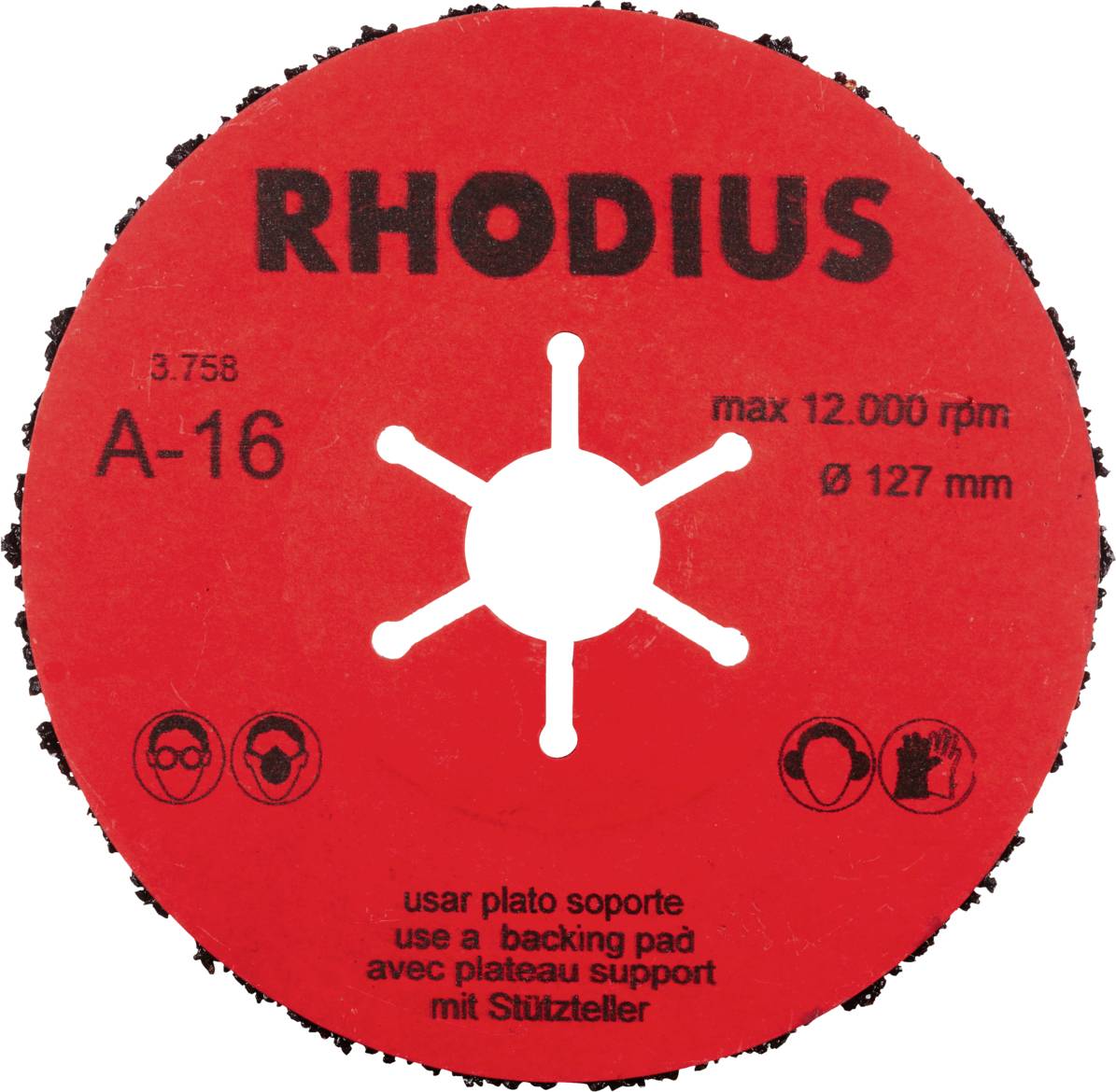 Rundschleifscheibe mit der Aufschrift 'RHODIUS', 'A-16'. Angaben: max 12.000 rpm, Ø 127 mm. Symbole: Schutzbrille und Handschuhe tragen.