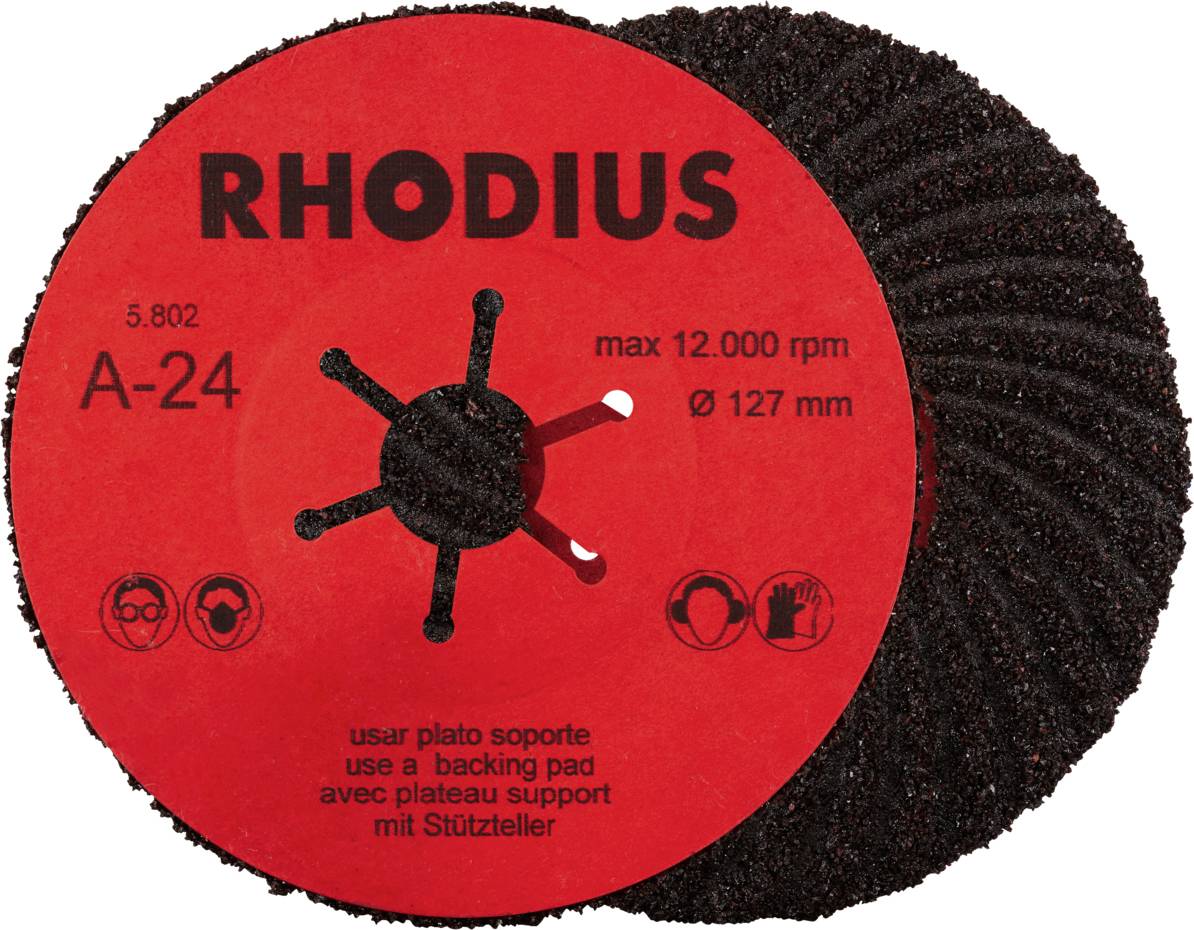 Zwei schwarze Schleifscheiben mit rotem Etikett der Marke 'Rhodius', geeignet für max. 12.000 U/min und Ø 127 mm. Texte in mehreren Sprachen.
