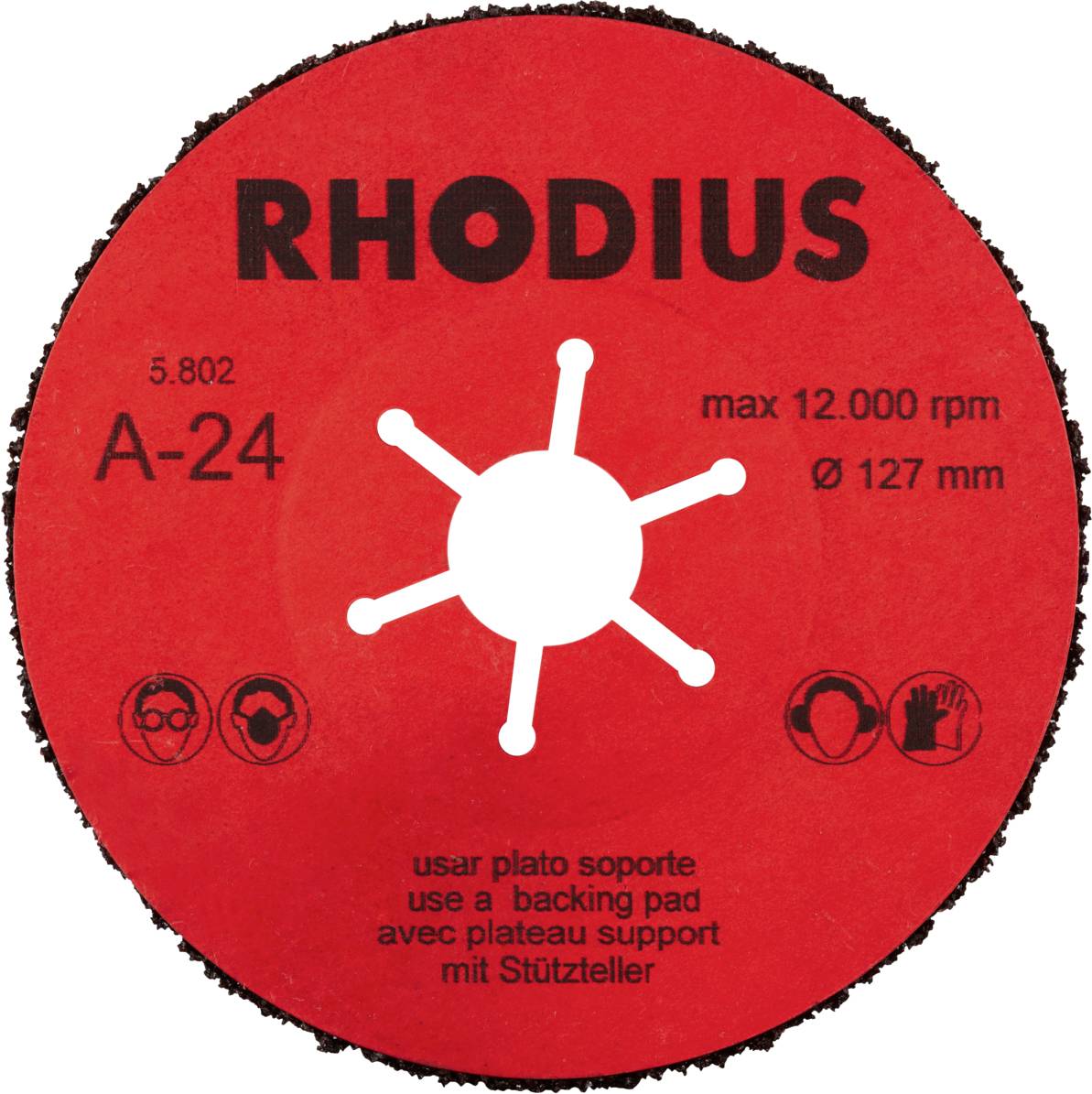 Rote Schleifscheibe der Marke 'RHODIUS' mit der Aufschrift 'A-24', maximal 12.000 U/min, Durchmesser 127 mm, Sicherheits- und Gebrauchshinweise.