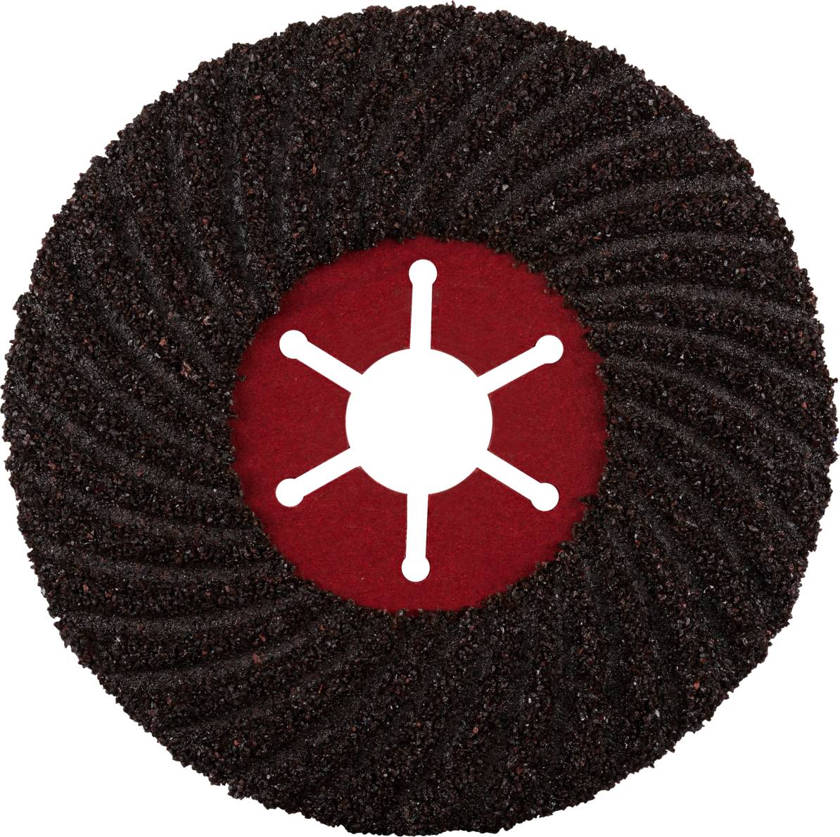 Ein schwarzer Griptape-Kreis mit radialem Muster, das an ein Zahnrad erinnert, und in der Mitte ein rotes Sechseck mit sechs weißen Armen.