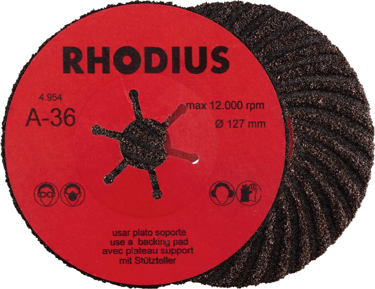 'RHODIUS' Schleifscheibe mit maximaler Drehzahl von 12.000 U/min und einem Durchmesser von 127 mm, erfordert Stützteller.