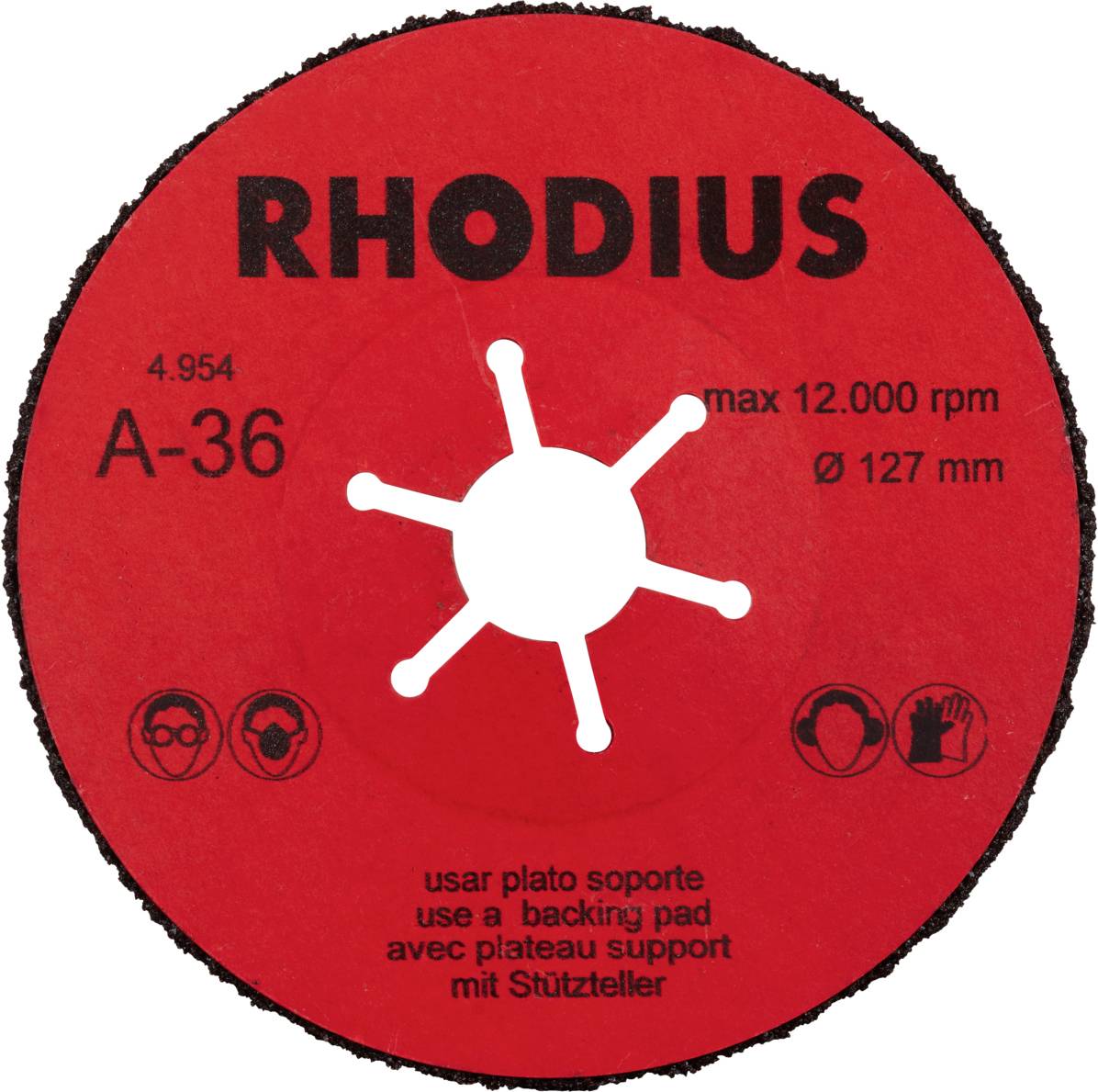'RHODIUS A-36' Schleifscheibe, max. 12.000 U/min, Ø 127 mm, mit Unterstützungselement. Sicherheitssymbole unten abgebildet.