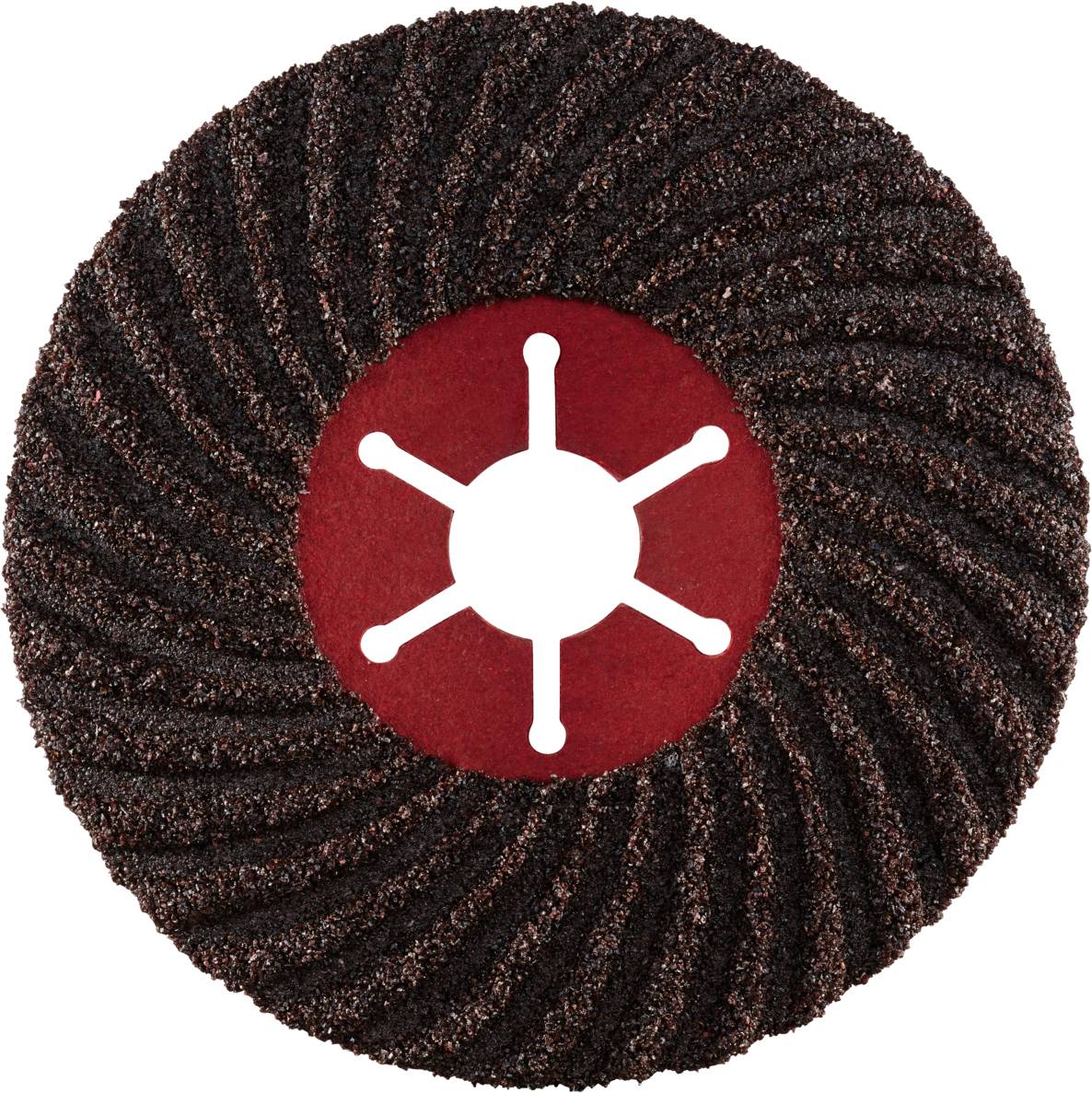 Eine kreisförmige Schleifscheibe mit einer strukturierten Oberfläche und einer roten Mitte mit einem weißen Symbol im Zentrum.