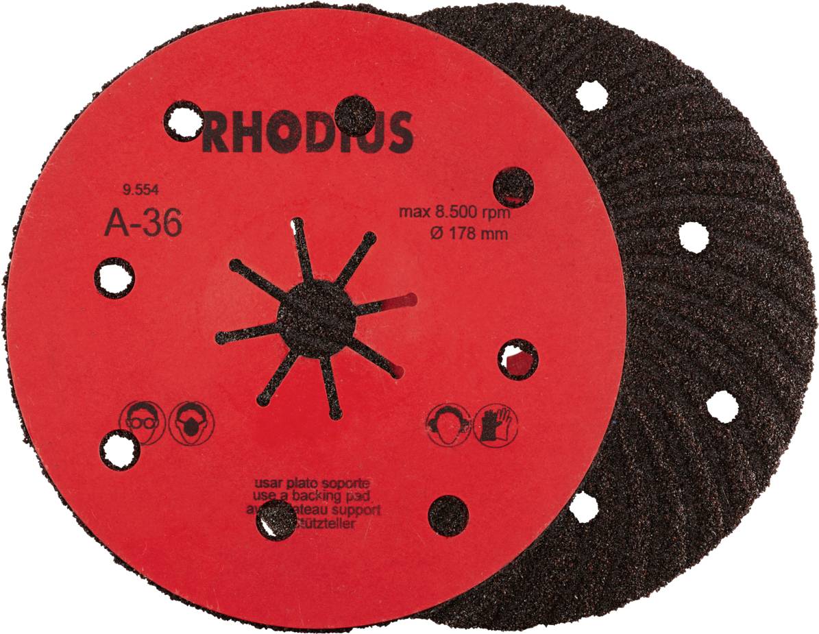 Runde rote Schleifscheibe von Rhodius, Modell A-36, max. 8.500 U/min, Durchmesser 178 mm, mit Masken- und Schutzbrillen-Symbolen.