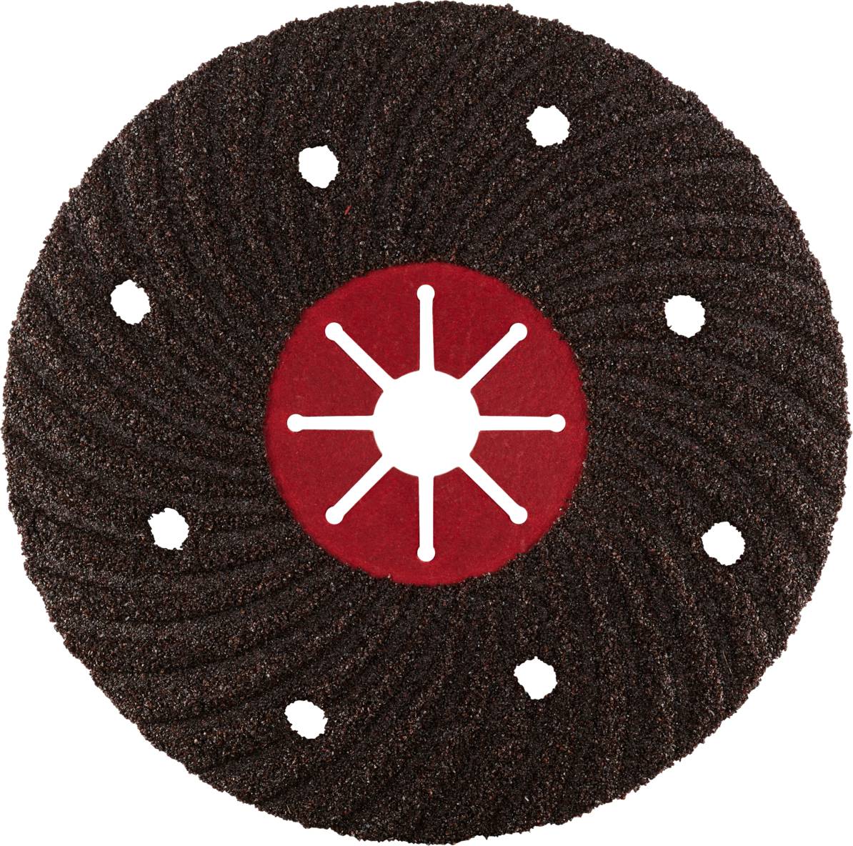 Ein rundes, schwarzes Schleifpad mit roten Elementen und ausgestanzten Löchern zeigt ein spiralförmiges Muster.