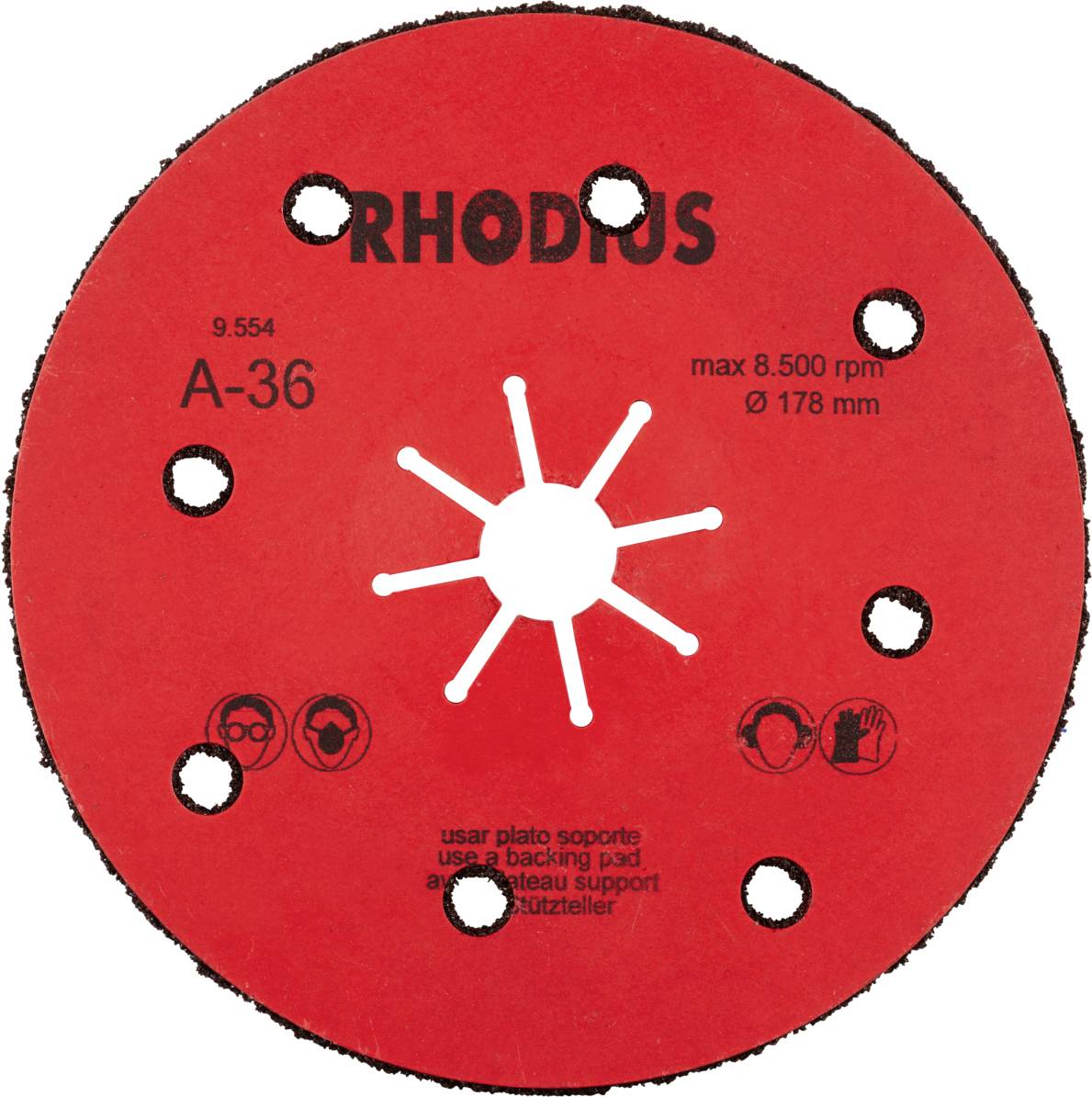Rote Schleifscheibe mit der Aufschrift 'Rhodus A-36'. Geeignet für 8.500 U/min und 178 mm Durchmesser, mit Sicherheitsikonen unten.