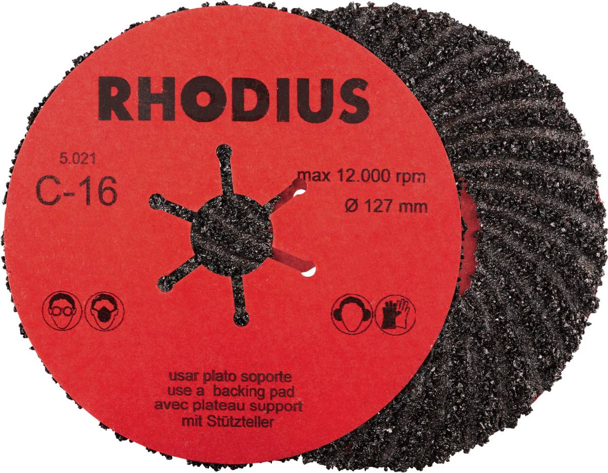 Eine Schleifscheibe der Marke Rhodius mit der Aufschrift 'C-16', geeignet für max. 12.000 U/min und einem Durchmesser von 127 mm.