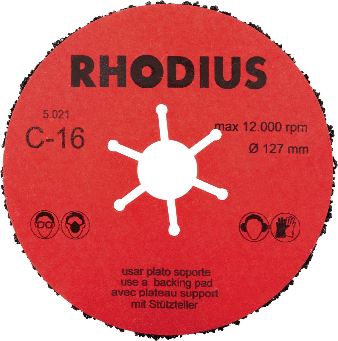 Rote Schleifscheibe mit schwarzem Rand, Aufdruck 'RHODIUS C-16', Durchmesser 127 mm, maximale Drehzahl 12.000 U/min, Schutzhinweise.