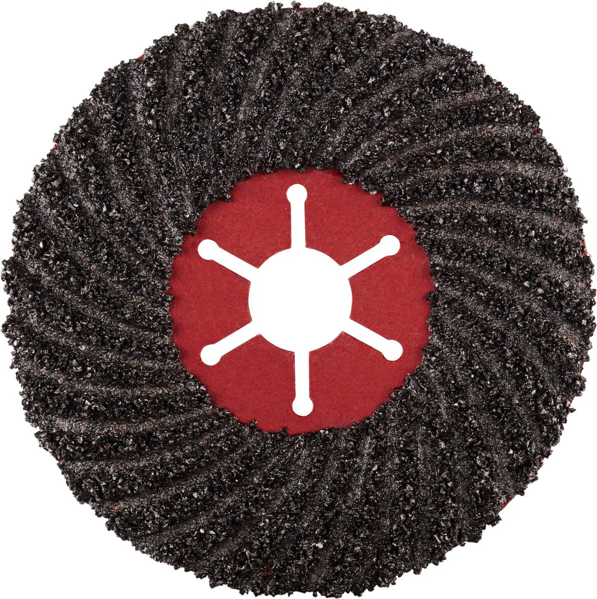 Schwarze Schleifscheibe mit rotem Zentrum und weißem Symbol in der Mitte, zeigt radiales Muster für Oberflächenreinigung.