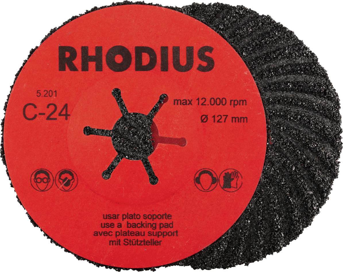'Schleifscheibe Rhodius C-24', Durchmesser 127 mm, max. 12.000 U/min. Rote Scheibe mit schwarzen Schleifpartikeln. Hinweise zur Verwendung in mehreren Sprachen.