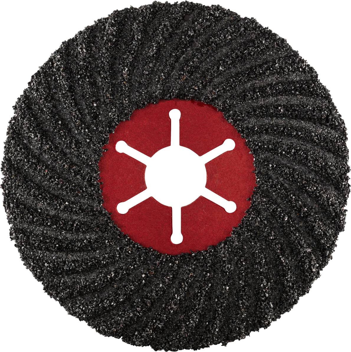 Ein schwarzes Schleifrad mit strukturierter Oberfläche und rotem Zentrum zeigt ein sternförmiges Muster in der Mitte.