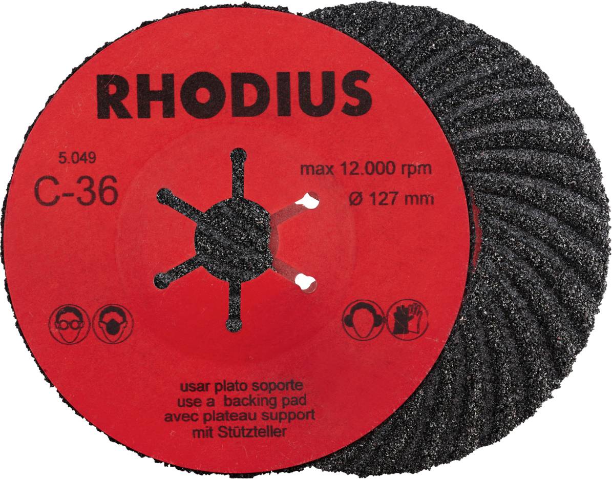 Schleifscheibe mit rotem Etikett, Aufschrift 'RHODIUS', Modell C-36, Durchmesser 127 mm, max. 12.000 U/min, mit Stützteller verwenden.