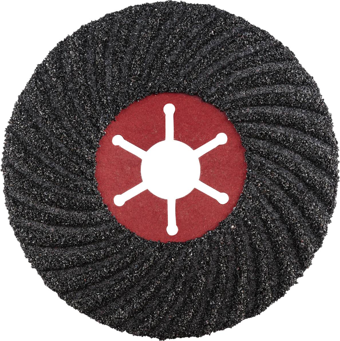 Schleifscheibe mit roten und schwarzen spiralförmigen Mustern, zentralem Sechs-Speichen-Design und grober Textur.