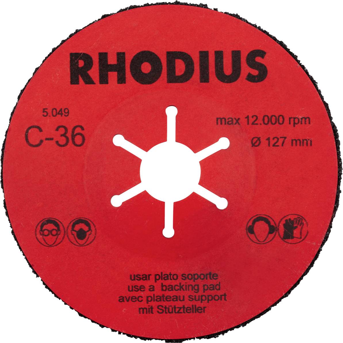 Rote Schleifscheibe mit weißem Text 'RHODIUS', Model C-36, max. 12.000 U/min, Ø 127 mm. Sicherheits- und Schutzhinweise abgebildet.