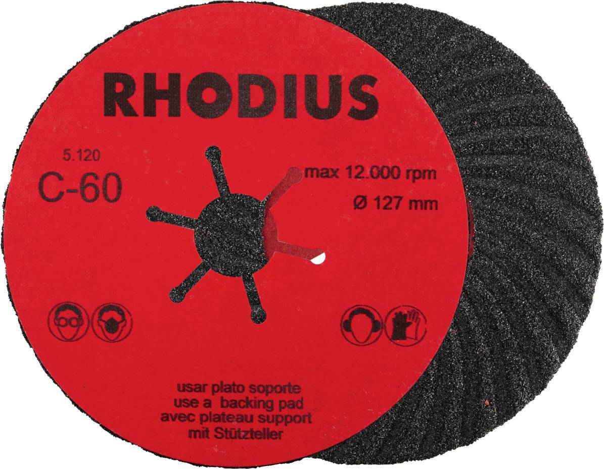 Schleifscheibe mit rotem Etikett, Aufschrift: 'RHODIUS C-60'. Max 12.000 U/min, Durchmesser 127 mm. Unterstützungsgebrauch empfohlen.