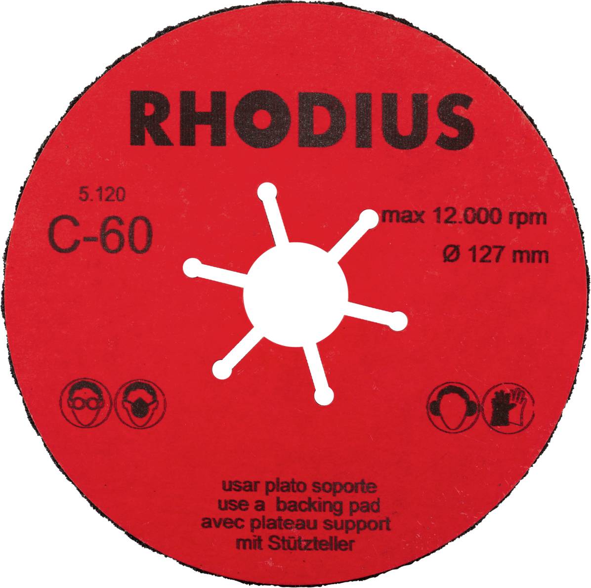 Schleifscheibe mit Beschriftung 'RHODIUS', Modell C-60, max. 12.000 U/min, Durchmesser 127 mm. Sicherheitssymbole für Augenschutz.