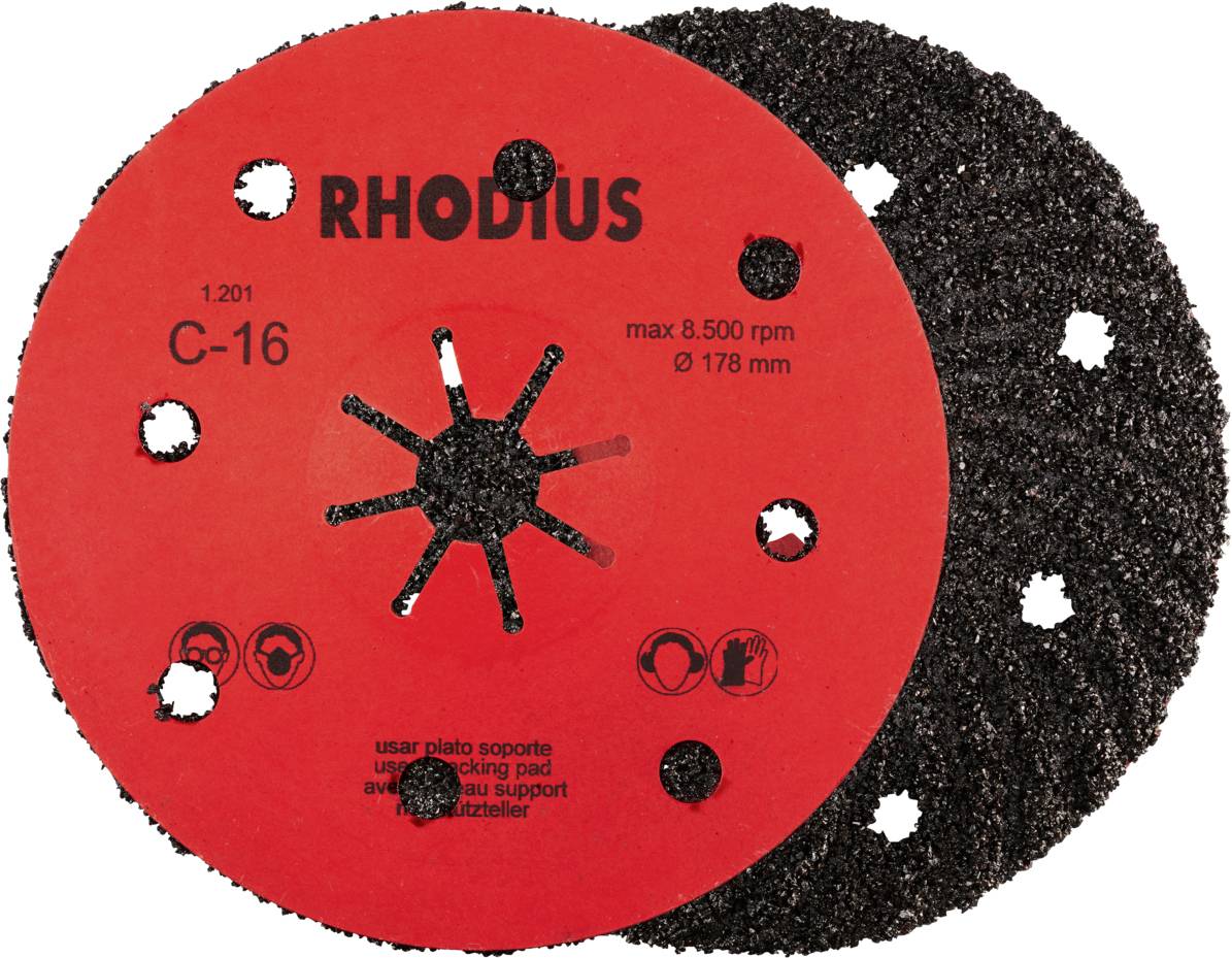 Schleifscheibe mit roter Beschriftung 'RHODIUS C-16'. Beschriftung zeigt max. 8.500 U/min, ø 178 mm. Symbole für Schutzmaßnahmen.