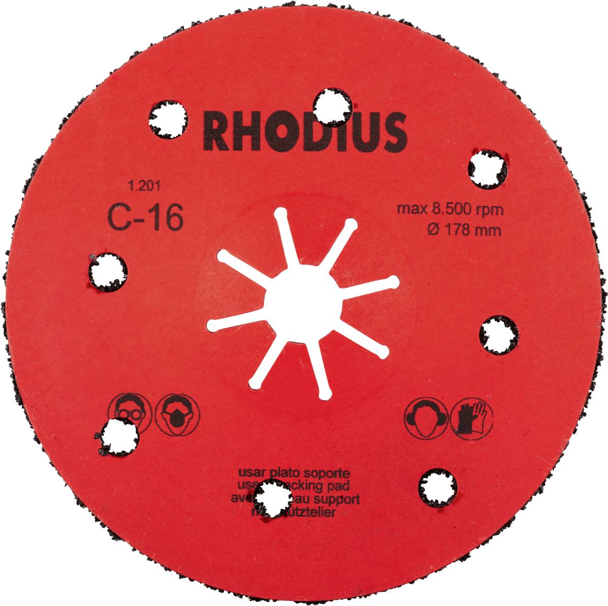 Roter Schleifscheibenträger von Rhodius, Modell C-16, für bis zu 8.500 U/min und Durchmesser 178 mm, mit Sicherheitssymbolen.