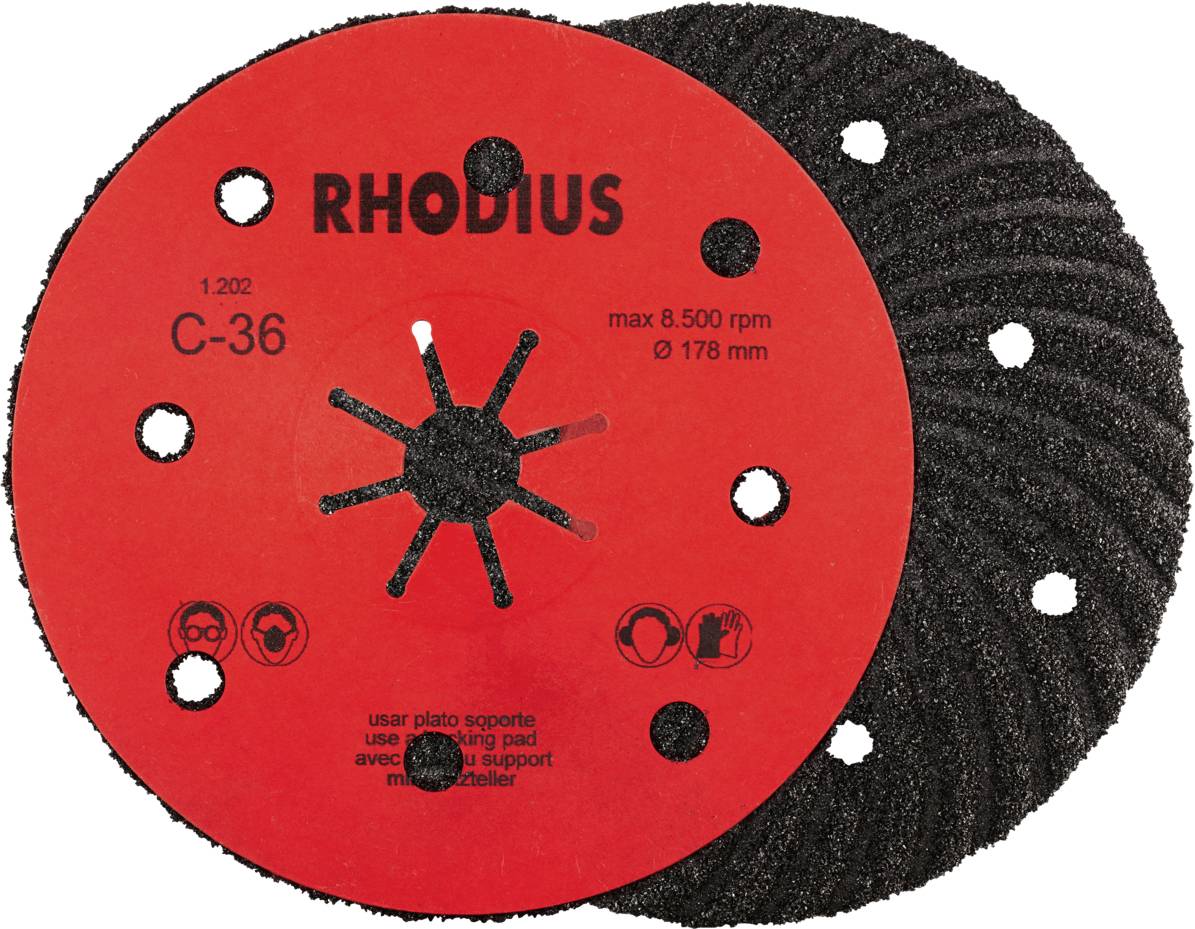 Schleifscheibe mit rotem Aufdruck 'RHODIUS C-36', max 8.500 U/min, Durchmesser 178 mm. Symbole für Schutzbrillen und Schutzhandschuhe.