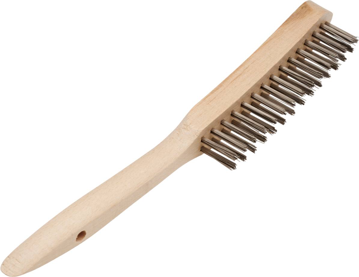 Drahtbürste mit Holzgriff und Metallborsten, verwendet zum Reinigen von Oberflächen oder Entfernen von Rost.