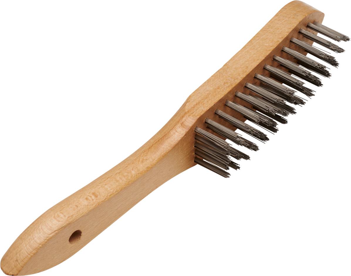 Holzgriff-Bürste mit Metallborsten, seitlich liegend, vor weißem Hintergrund.