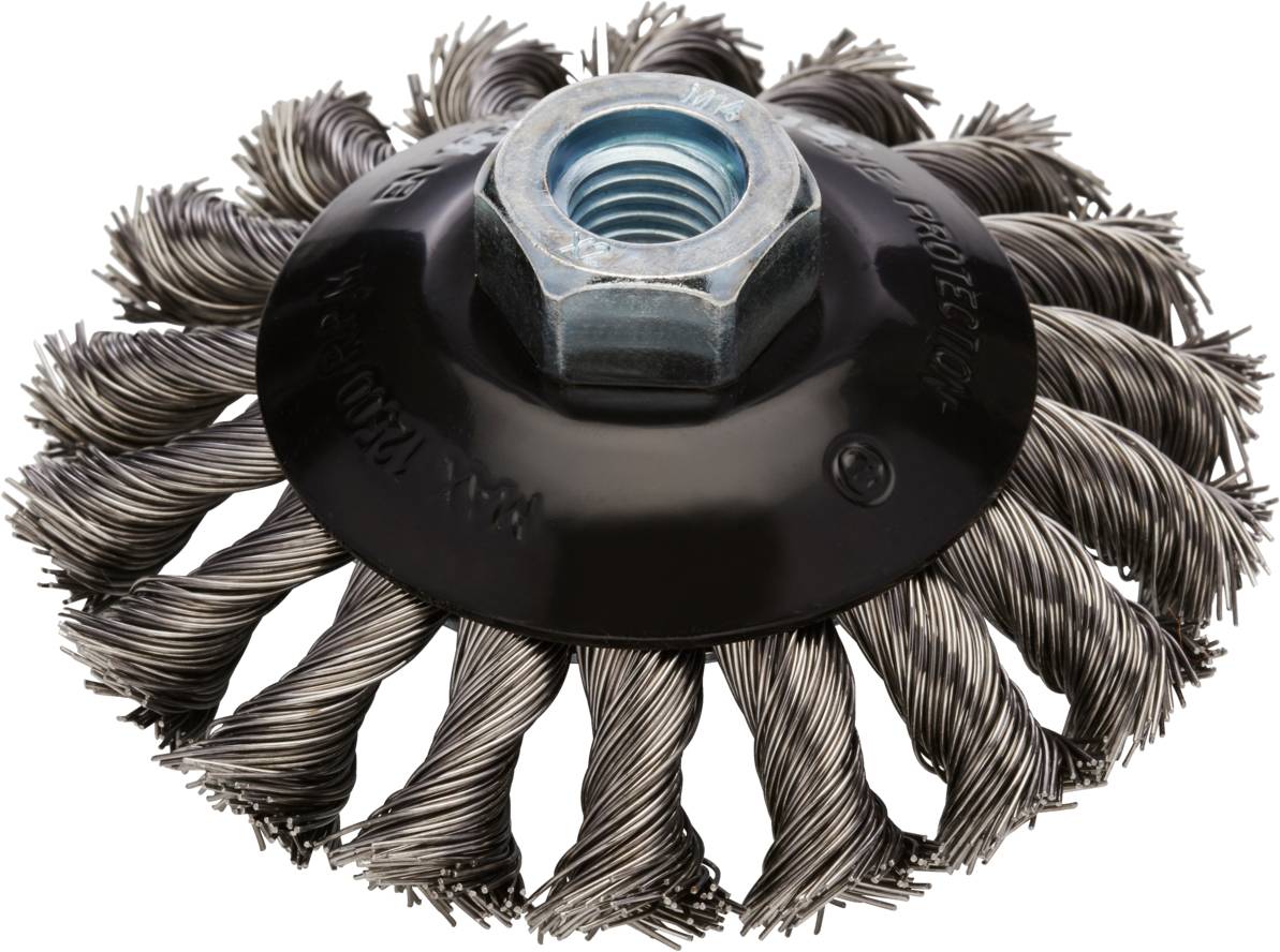 Runder Drahtbürstenaufsatz mit einer Sechskantmutter in der Mitte, geeignet für Reinigungs- und Polierarbeiten auf Metalloberflächen.