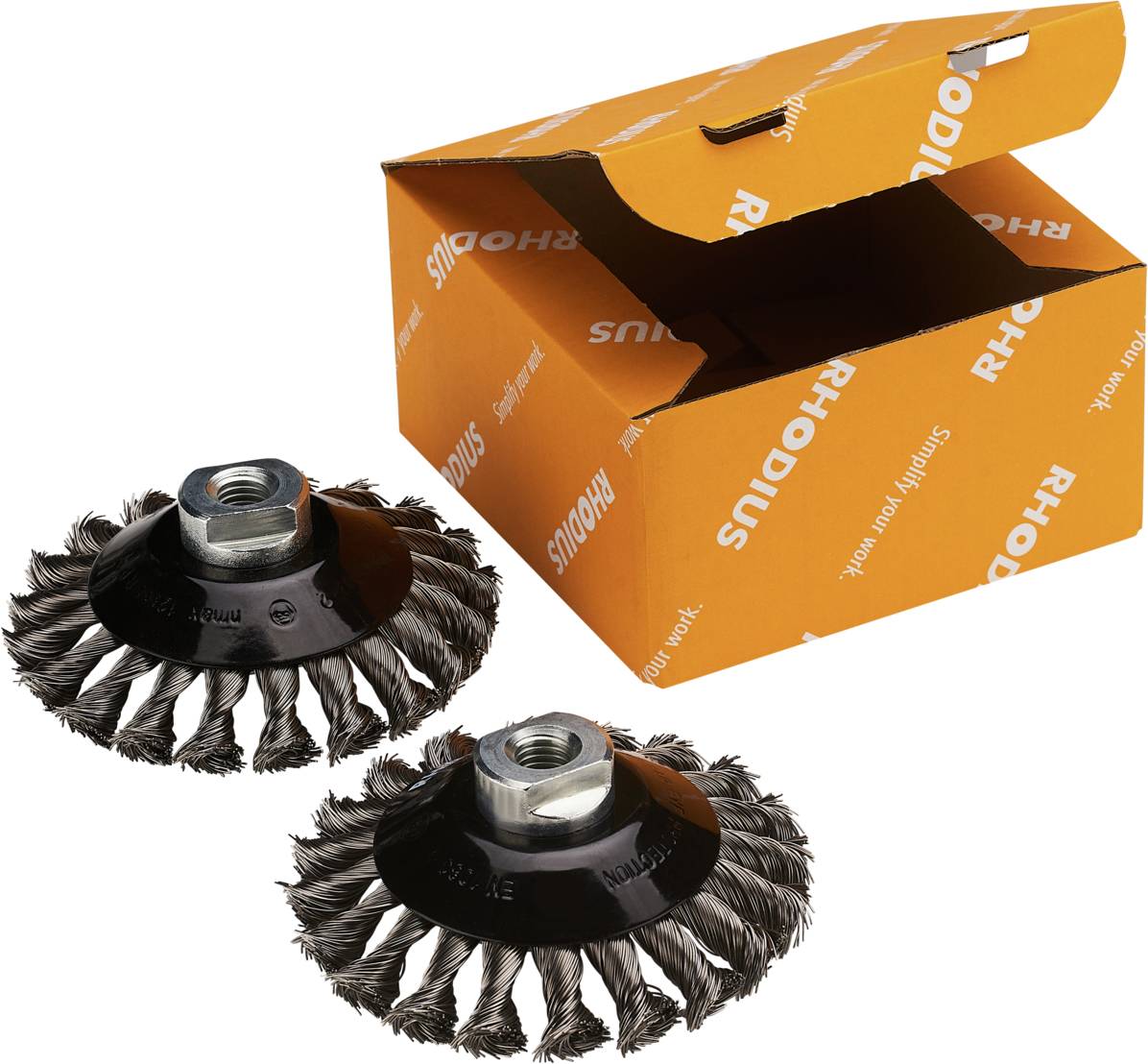 Zwei Drahtbürsten mit Mutterbefestigung und orangefarbener Rhodius-Verpackung. Ideal zum Entfernen von Rost und Farbe.