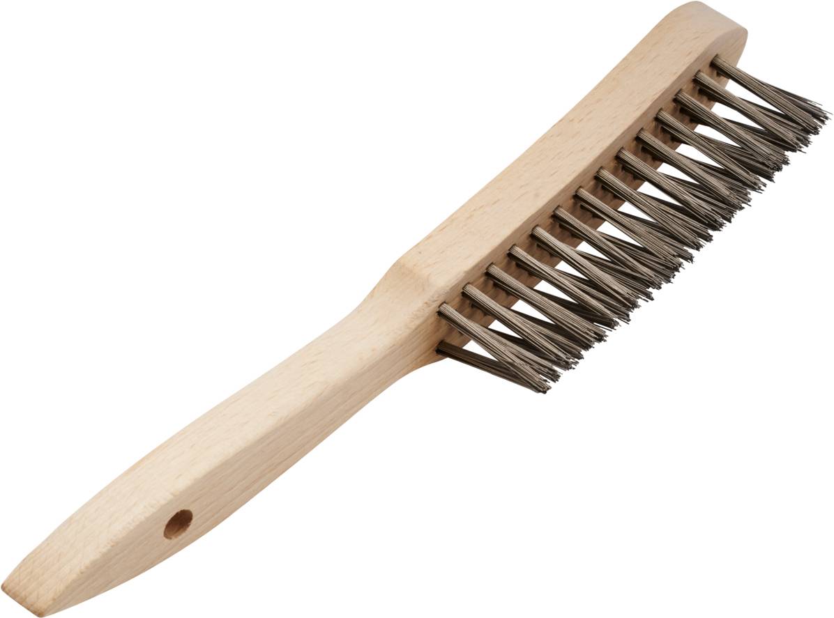 Holzgriff-Stahlbürste mit Metallborsten. Geeignet für die Reinigung von Rost und Schmutz auf Metalloberflächen.