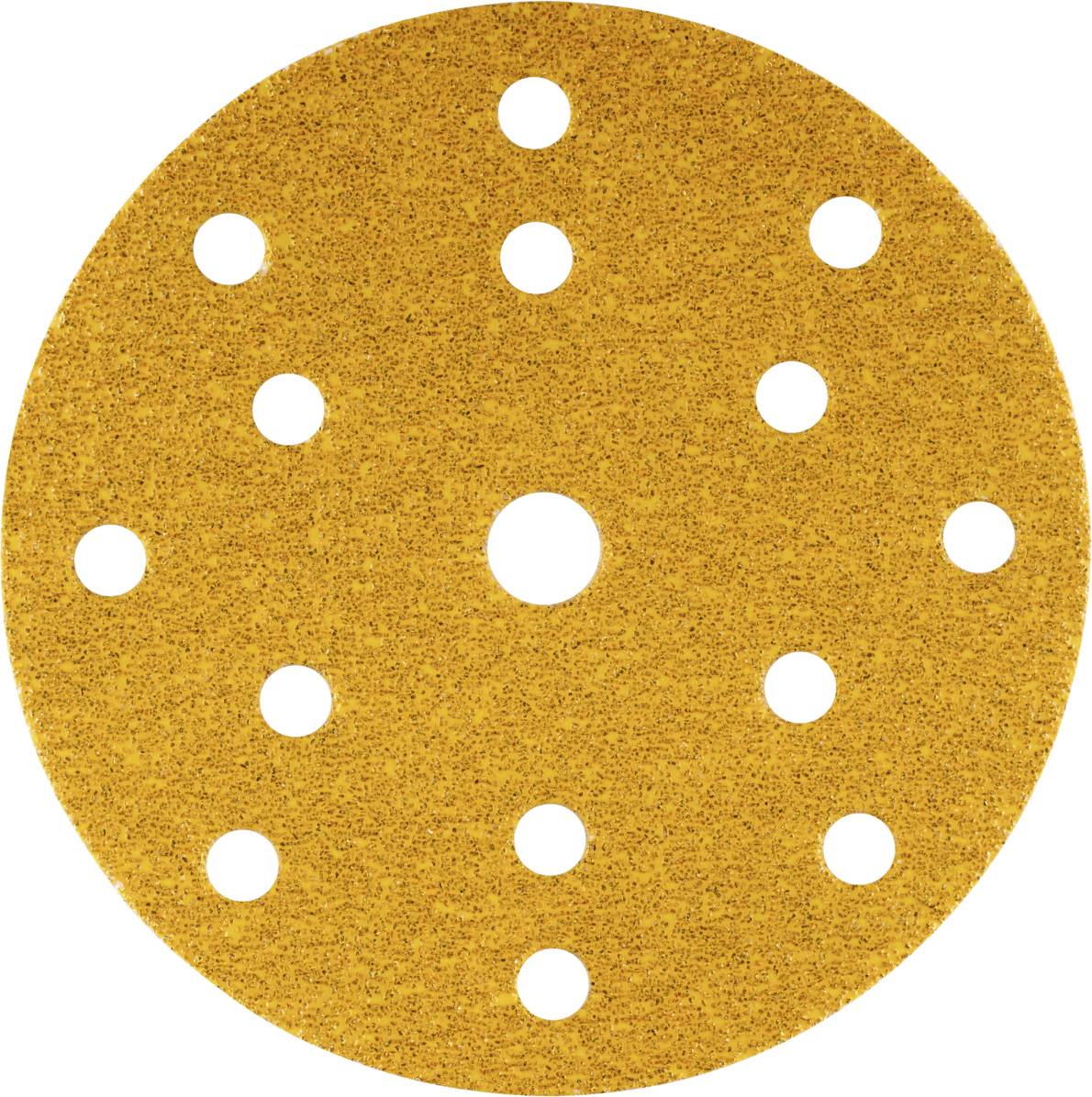 Ein rundes, goldfarbenes Schleifpapier mit mehreren kreisförmigen Löchern, gleichmäßig verteilt. Geeignet für elektrische Schleifgeräte.