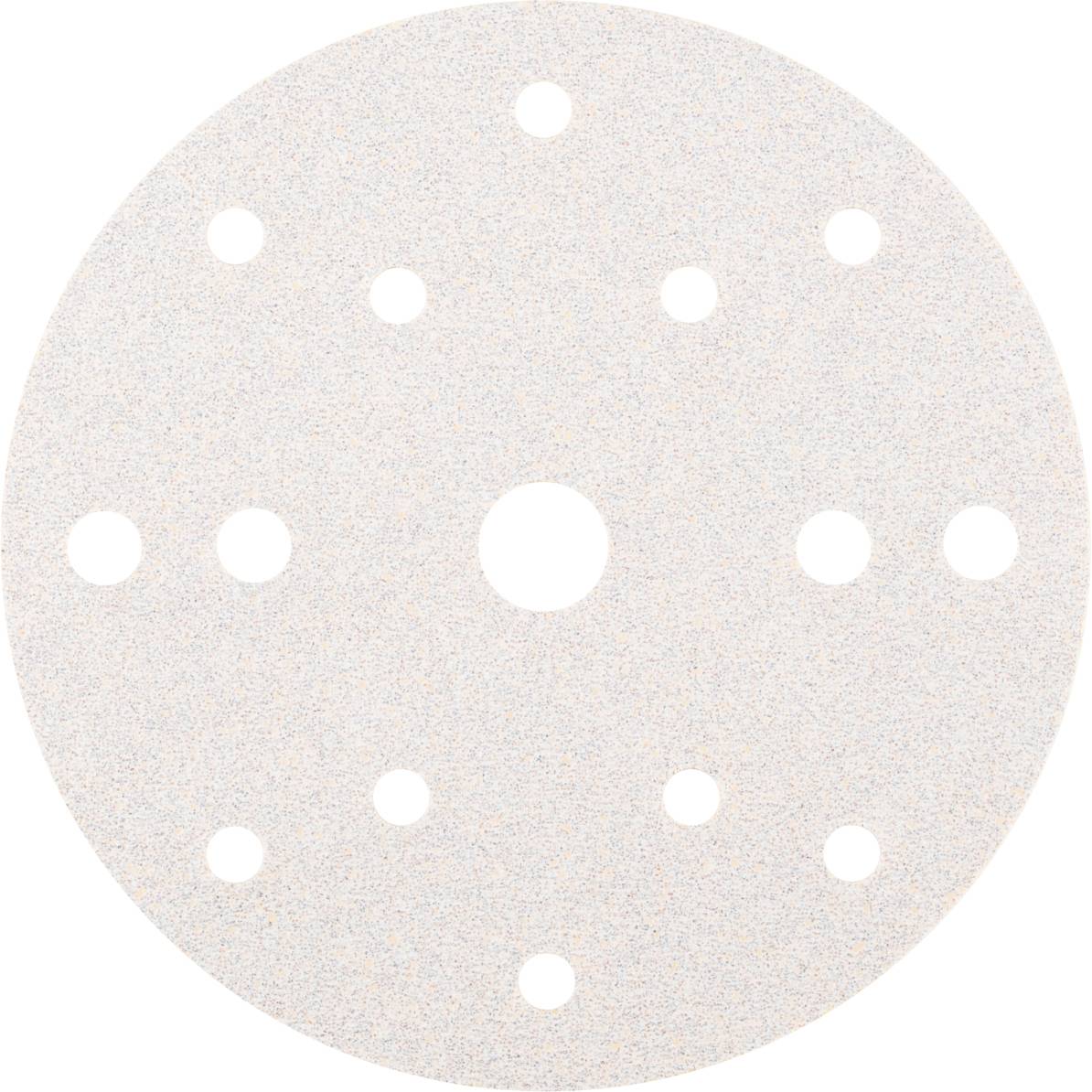 Schleifscheibe mit mehreren Löchern zur Staubabsaugung, kreisförmig und aus Schleifpapier.