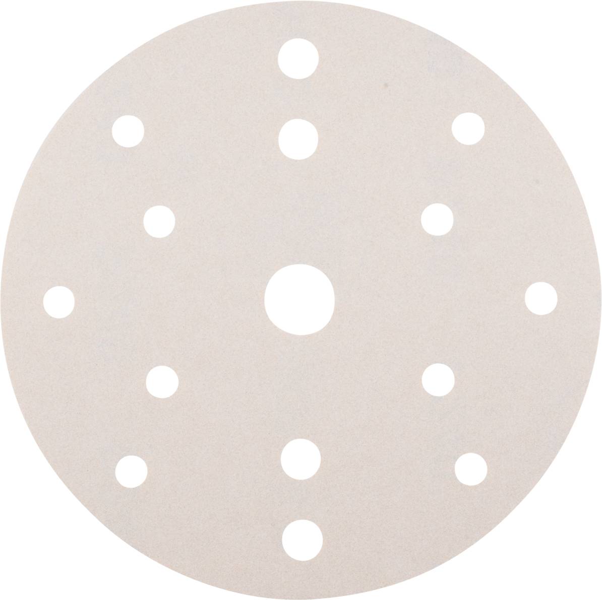 Ein runder Schleifpapieraufsatz mit mehreren Löchern, angeordnet symmetrisch, für Maschinenverwendung. Beige Farbe.