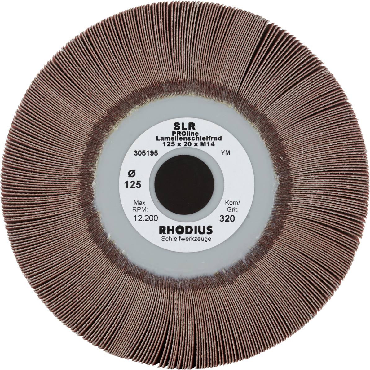 Lamellenschleifscheibe mit 125 mm Durchmesser, Körnung 320, max. 12.200 U/min. Marke: RHODIUS, Modell: SLR PROline.