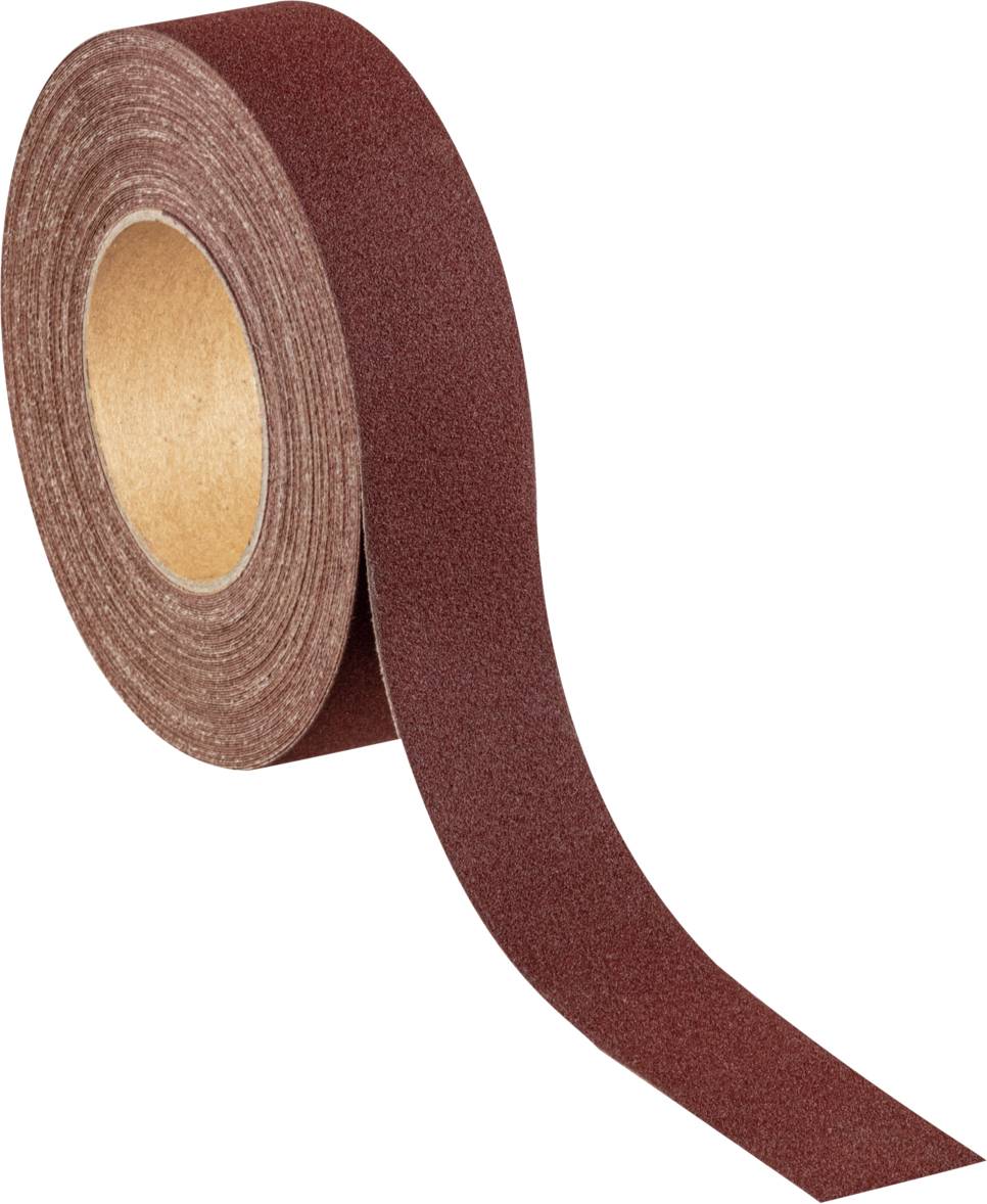 Braunes Schleifpapierband in Rollenform, geeignet für Oberflächenbearbeitung und -glättung in Handwerk und Industrie.