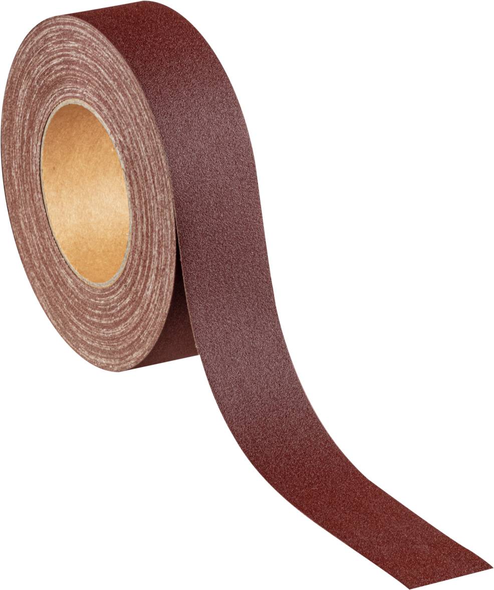 Ein braunes Schleifband in Rollenform, leicht abgewickelt, zur Verwendung in Schleifgeräten oder für manuelle Oberflächenbearbeitung.